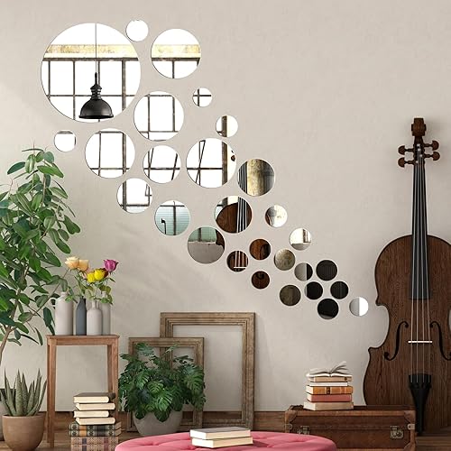 Miniatura 5 de Adhesivos de pared de espejo acrílico, ajuste de espejo redondo, despegar y pegar, para pared, autoadhesivos 3D (96 unidades, 5.9 pulgadas, 3.2