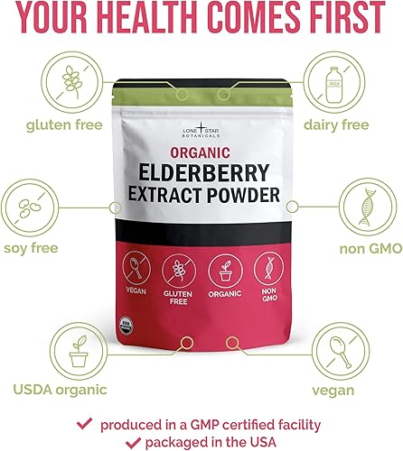 Miniatura 6 de Lone Star Botanicals Polvo de saúco orgánico  Suplemento de extracto de saúco puro en polvo para superalimentos batidos, apoyo inmunológico y