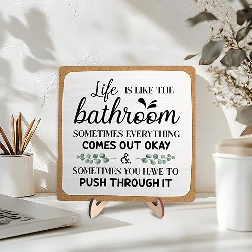 Miniatura 6 de Placa decorativa de baño, divertida placa de escritorio de madera con la vida es como el baño, letrero rústico para estante de casa de campo para