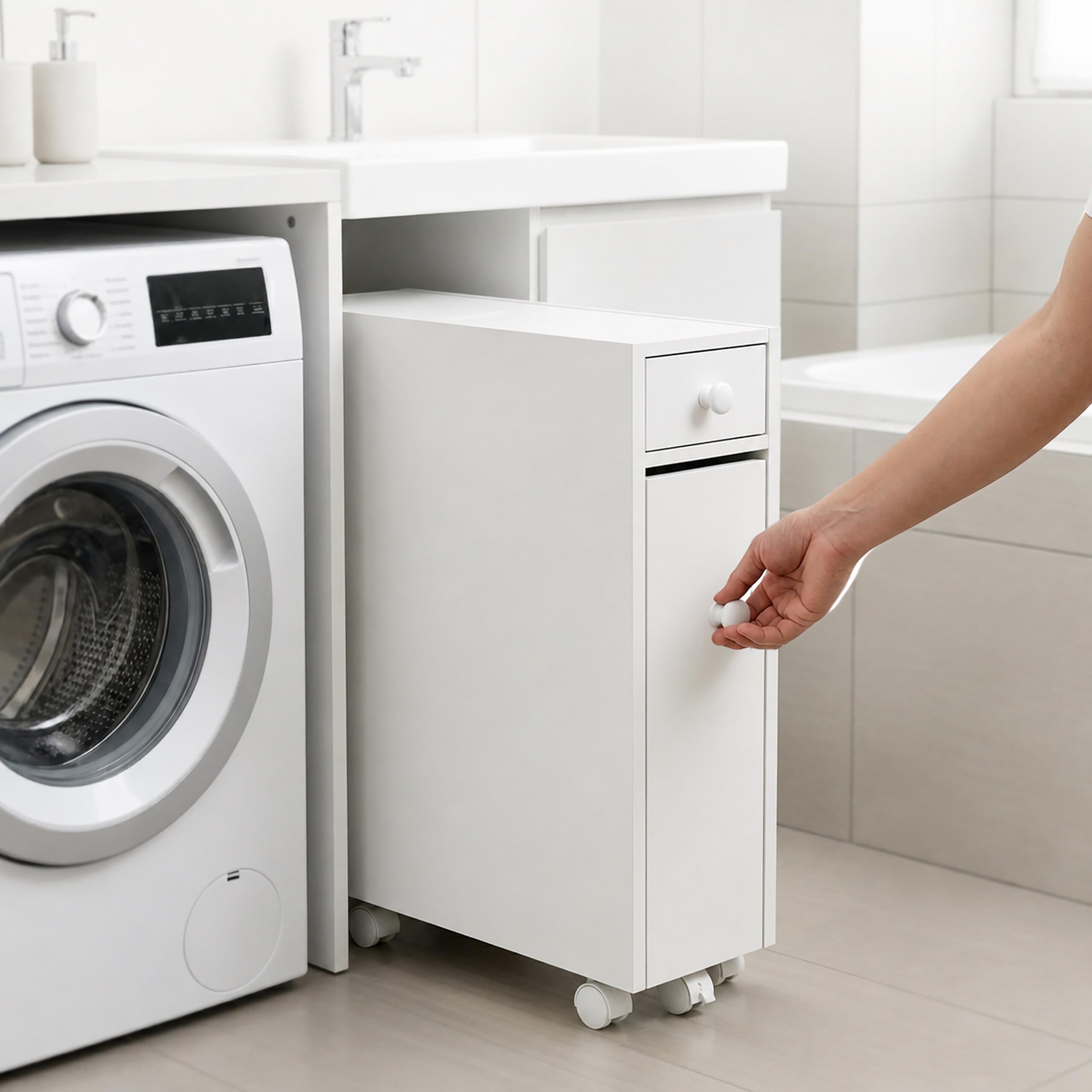 Relaxdays, mobile nicchia rollabile con cassetto e scomparti per bagno e cucina, 62 x 16 x 48 cm, truciolare bianco