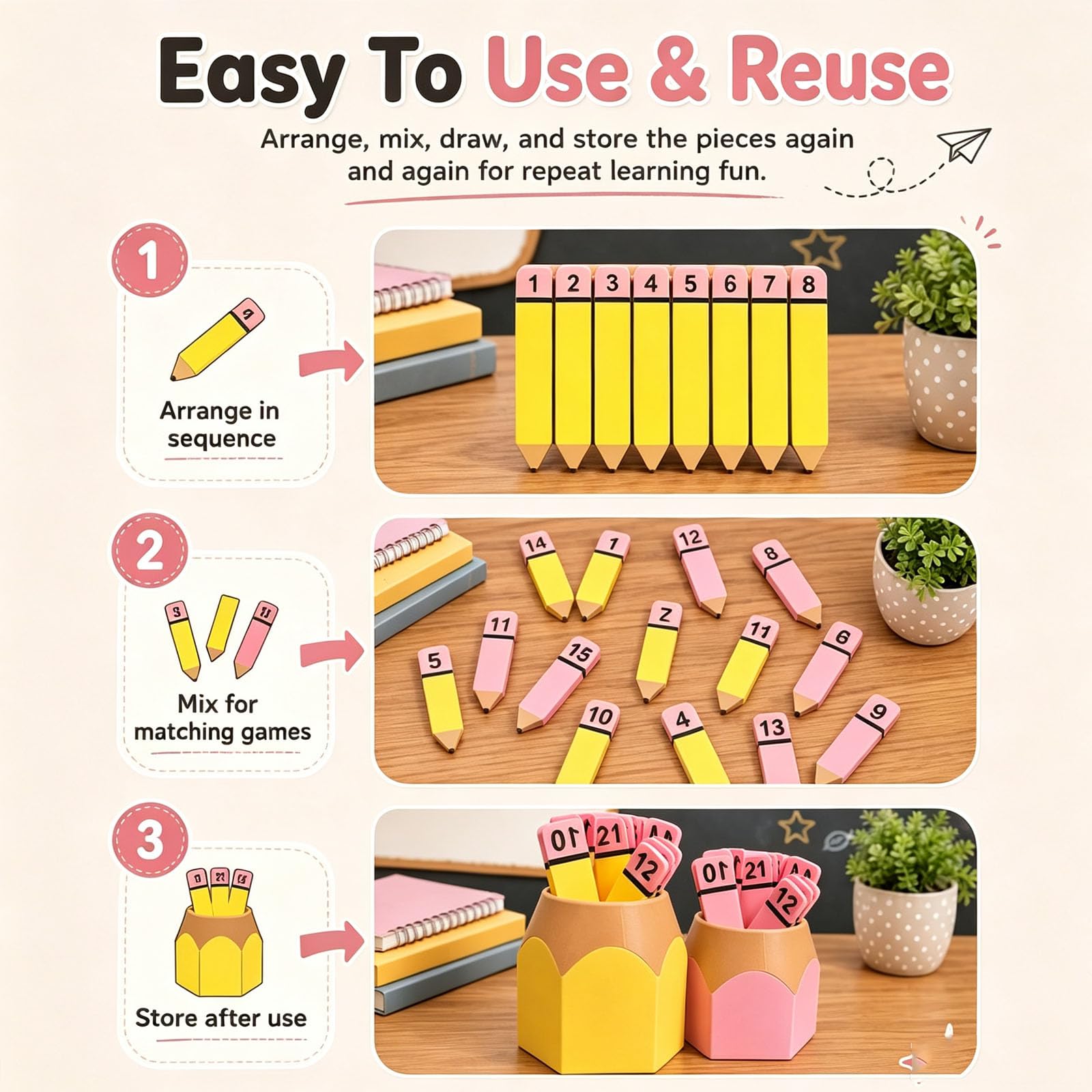 Zahlenlern-Set (Bleistift-Design) mit Halter (2pcs) | Wiederverwendbare Lernhilfen für Zahlenreihen, Zuordnungsspiele, Unterrichtsaktivitäten und Vorschule