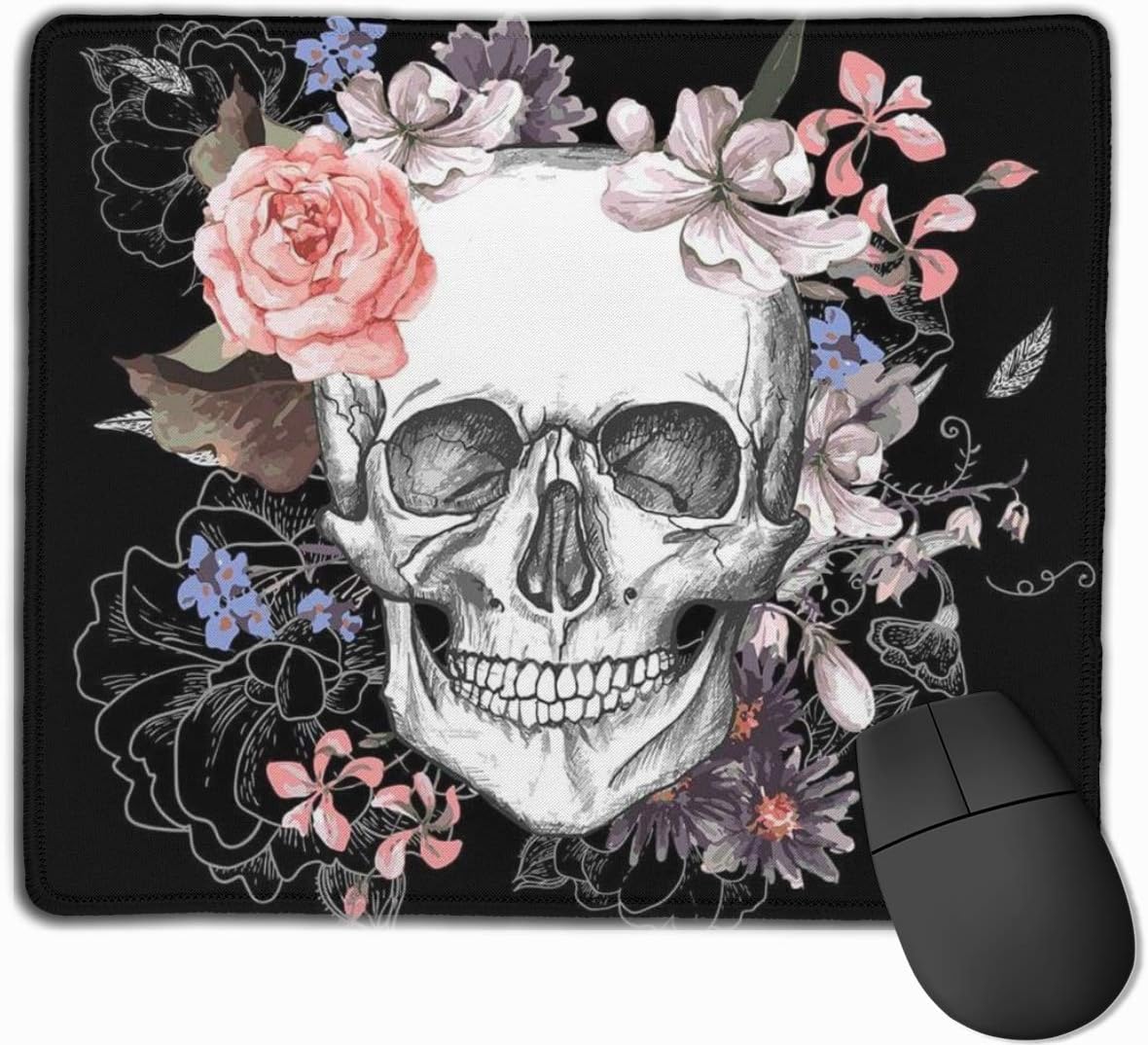 Floral Sugar Skull Mouse Pad Gaming Mousepad with Stitched Edge Non-Slip Rubber Mouse Mat for Computers Laptop