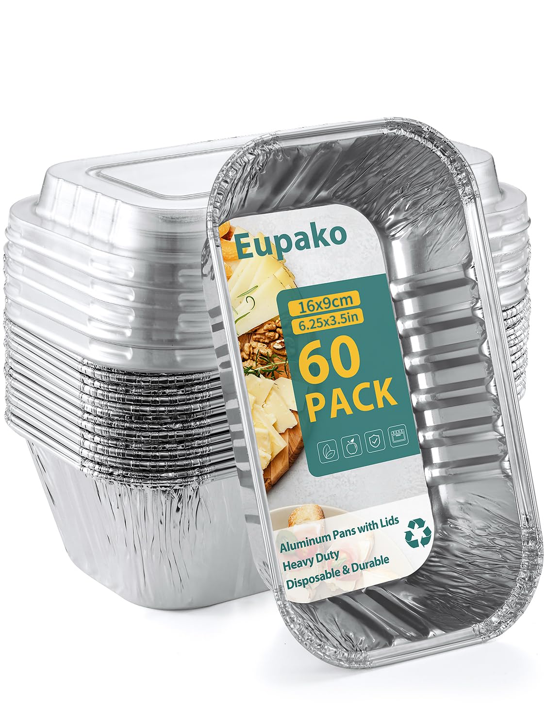 Eupako 60 Pcs Aluminium Foil Baking Trays with Lids 16x9cm - 750ml Roasting Trays Oven Freezer Safe Cooking Baking Broiling Pans for Oven Cooking Takeaway Storage Catering Containers Meal Prep