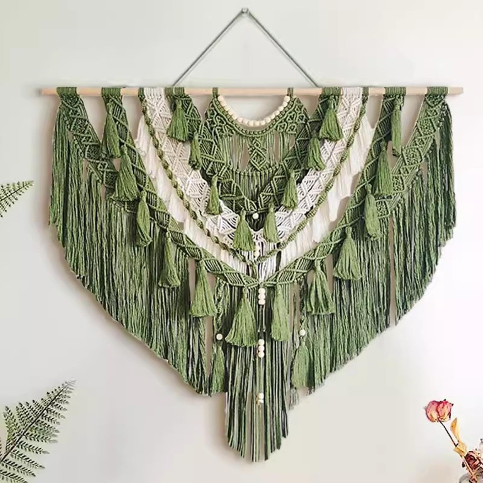 Tapiz de pared de macramé tejido hecho a mano con cuentas, decoración de pared bohemia verde oliva y crema