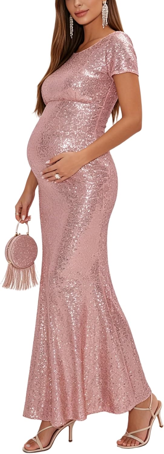 Sequin Short Sleeve Mermaid Maternity Maxi Dress Baby Shower Gown | Full sequin maternity gown, round neck short sleeves, stretch bodycon, suit for baby shower & maternity photoshoot