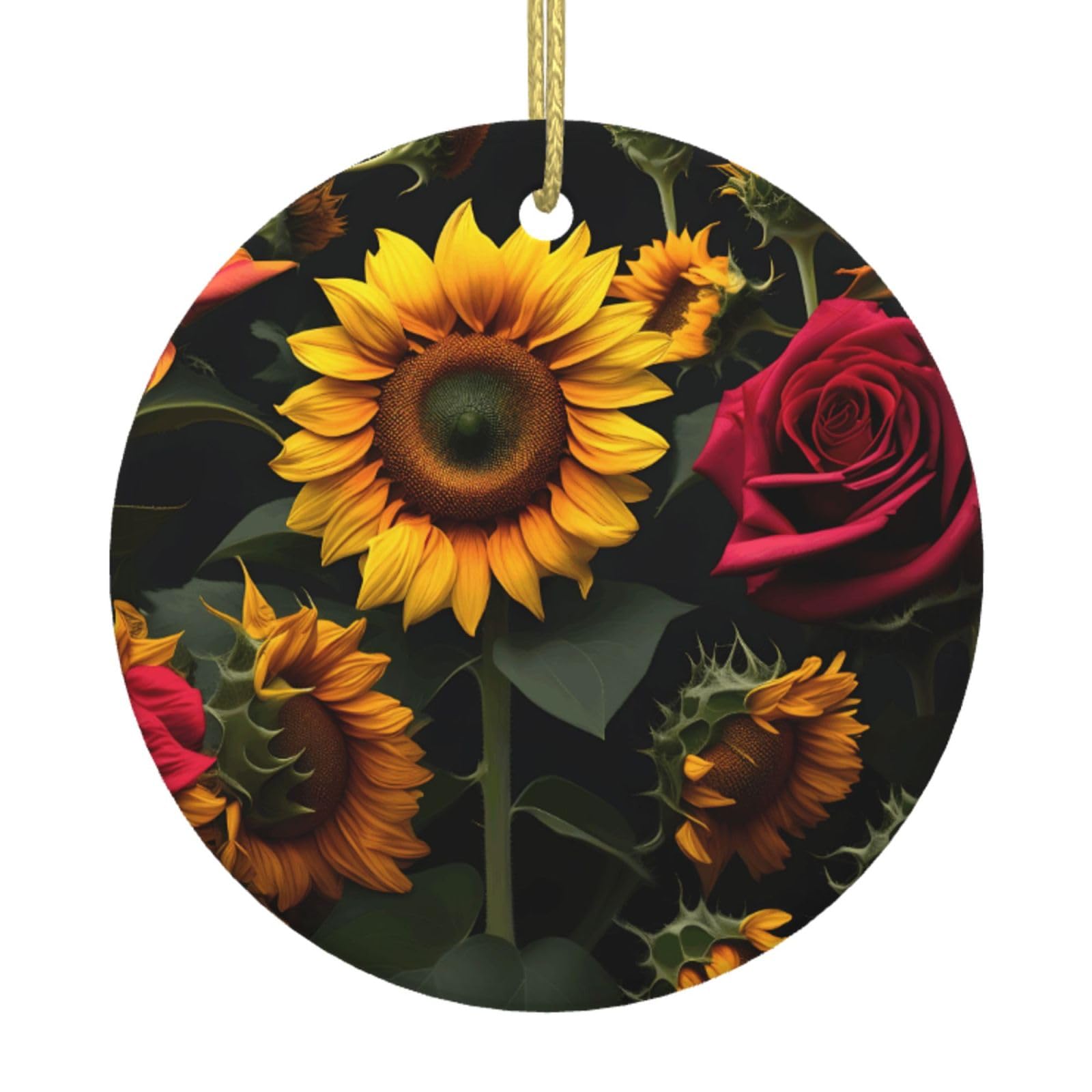 Sunflower Rose Print Christmas Ornaments, Ceramic Hanging Ornament, Round Shape Decorations