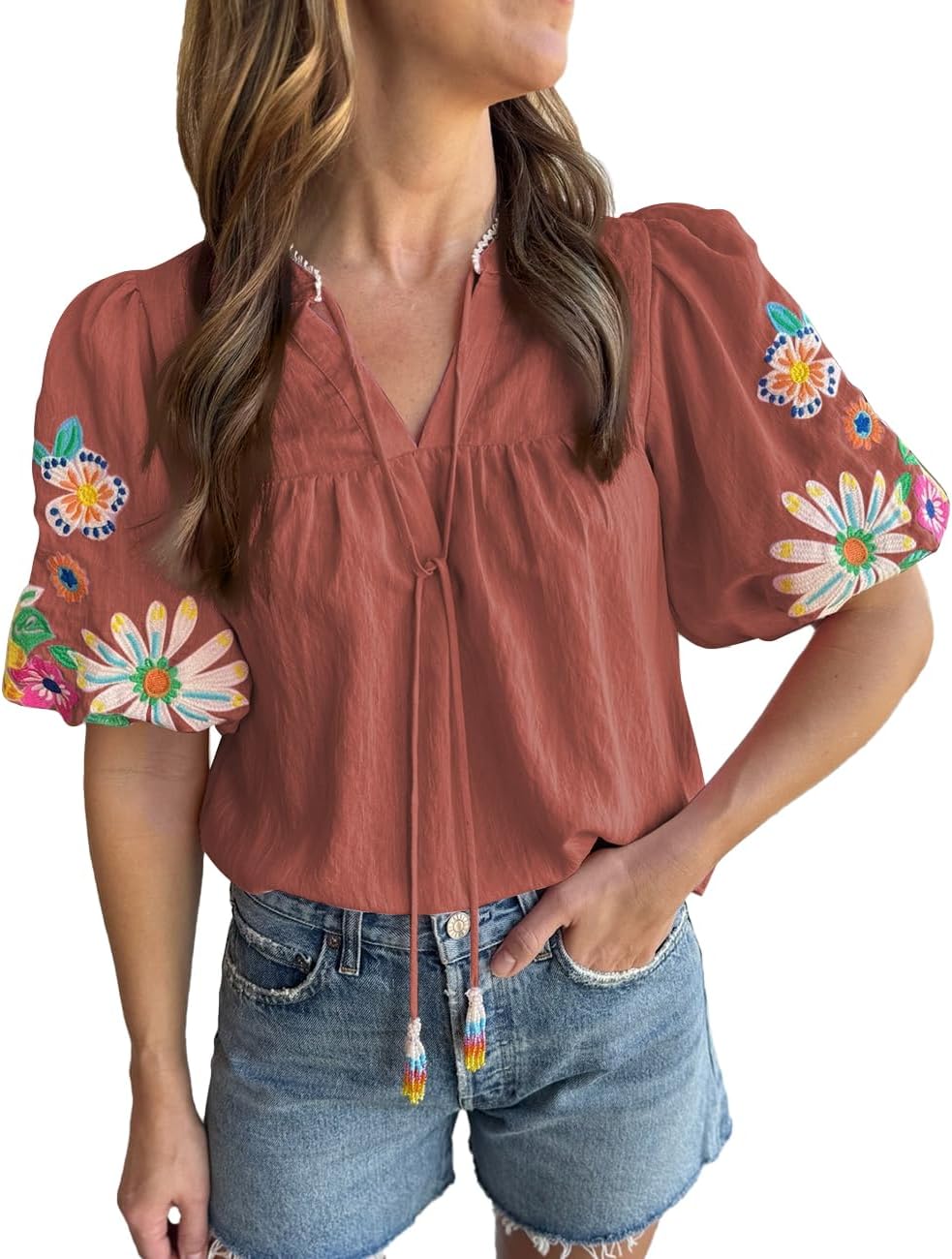 Ecosunny Women's Boho Embroidered Tops V Neck Floral Short Puff Sleeve Casual Shirts Loose Tunic Summer Blouses Fashion 2026