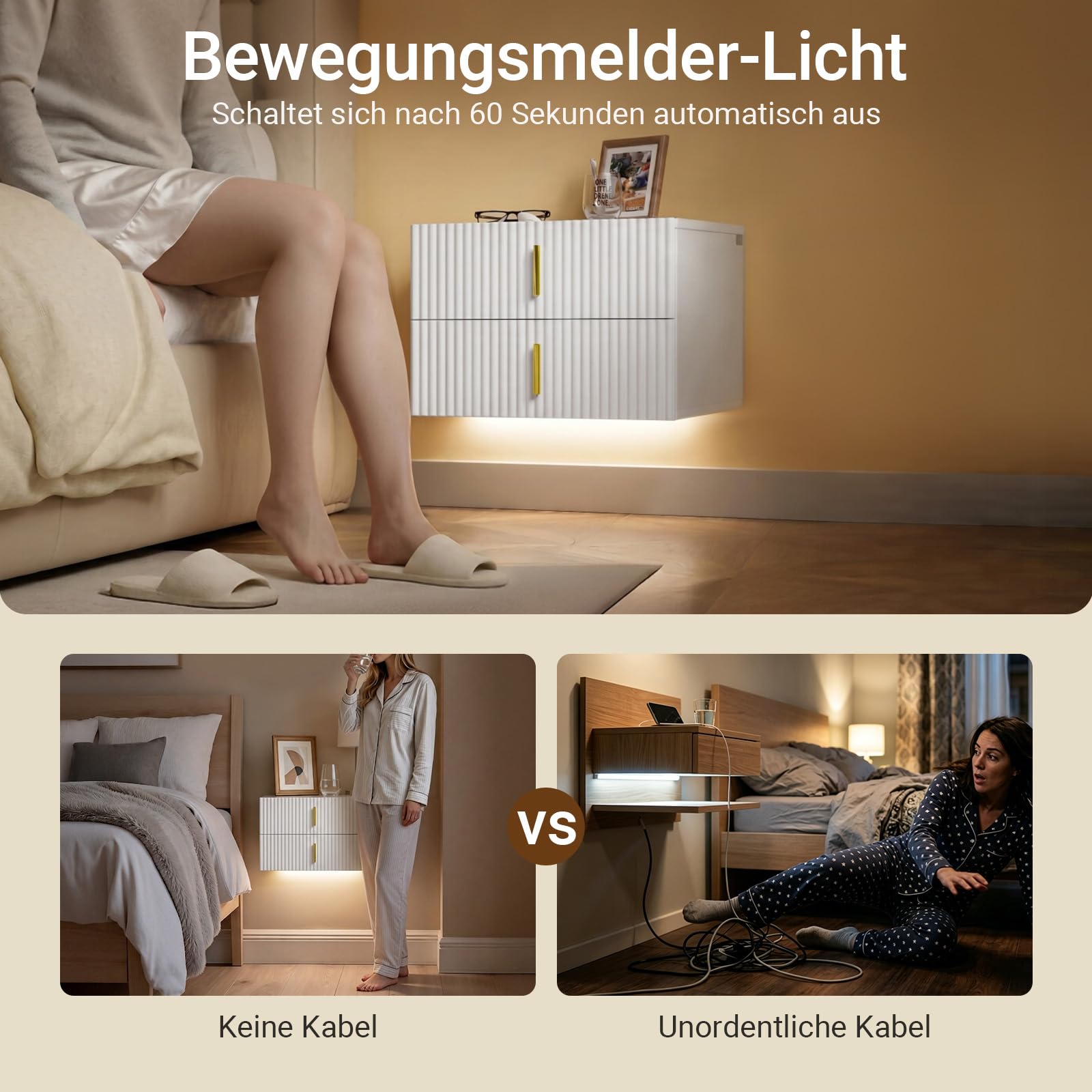 SoBuy Schwebender Nachttisch mit LED-Sensorleuchte, 2 Schubladen 40x30x30cm | Wandregal mit Wellenförmige schubladenfront und Goldgriff, PB+MDF, bis 18 kg, für Schlafzimmer Wohnzimmer Flur, FBT177-E-W
