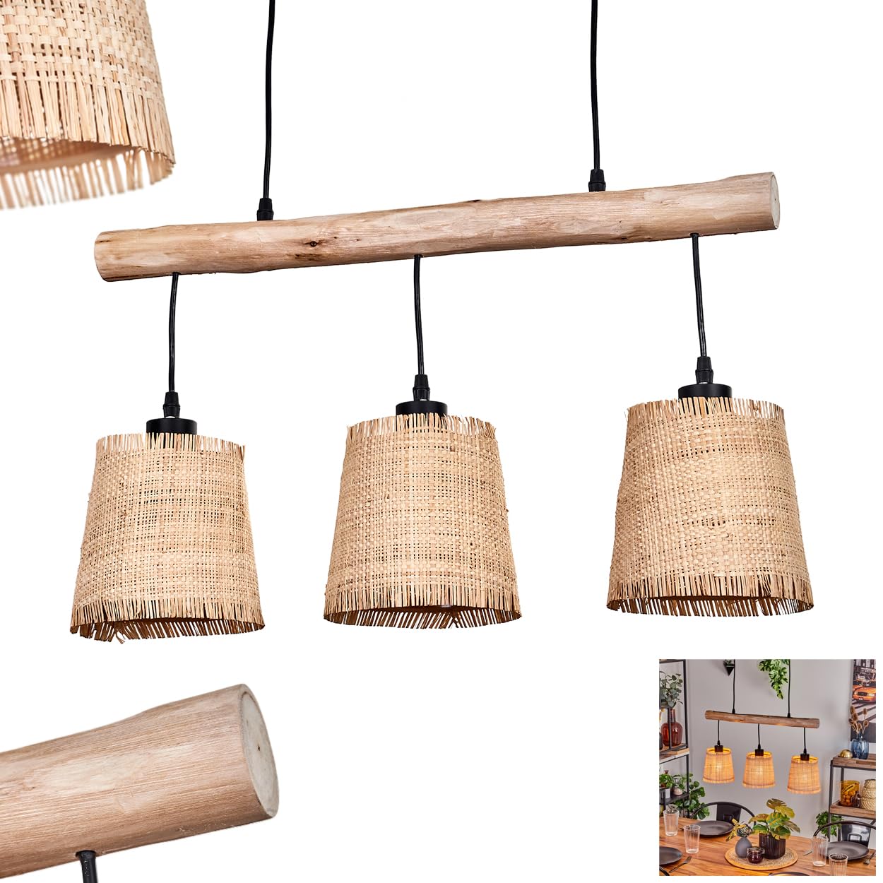 Suspension Soungou, lampe à suspendre moderne en bois/métal/marbre en naturel/noir/beige, lampe à suspendre à 3 flammes au design scandinave, hauteur max. 135 cm, 3 x E27, sans ampoules