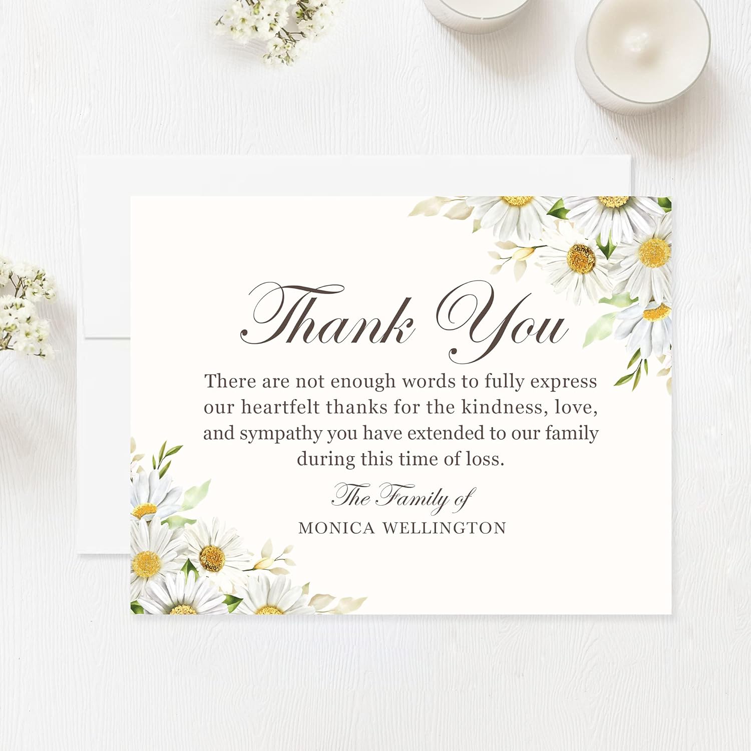 White Daisies Sympathy Thank You Cards, Funeral Thank You Cards, Personalized Bereavement Notes with Envelopes, 5.5x4.25 Flat Notecards
