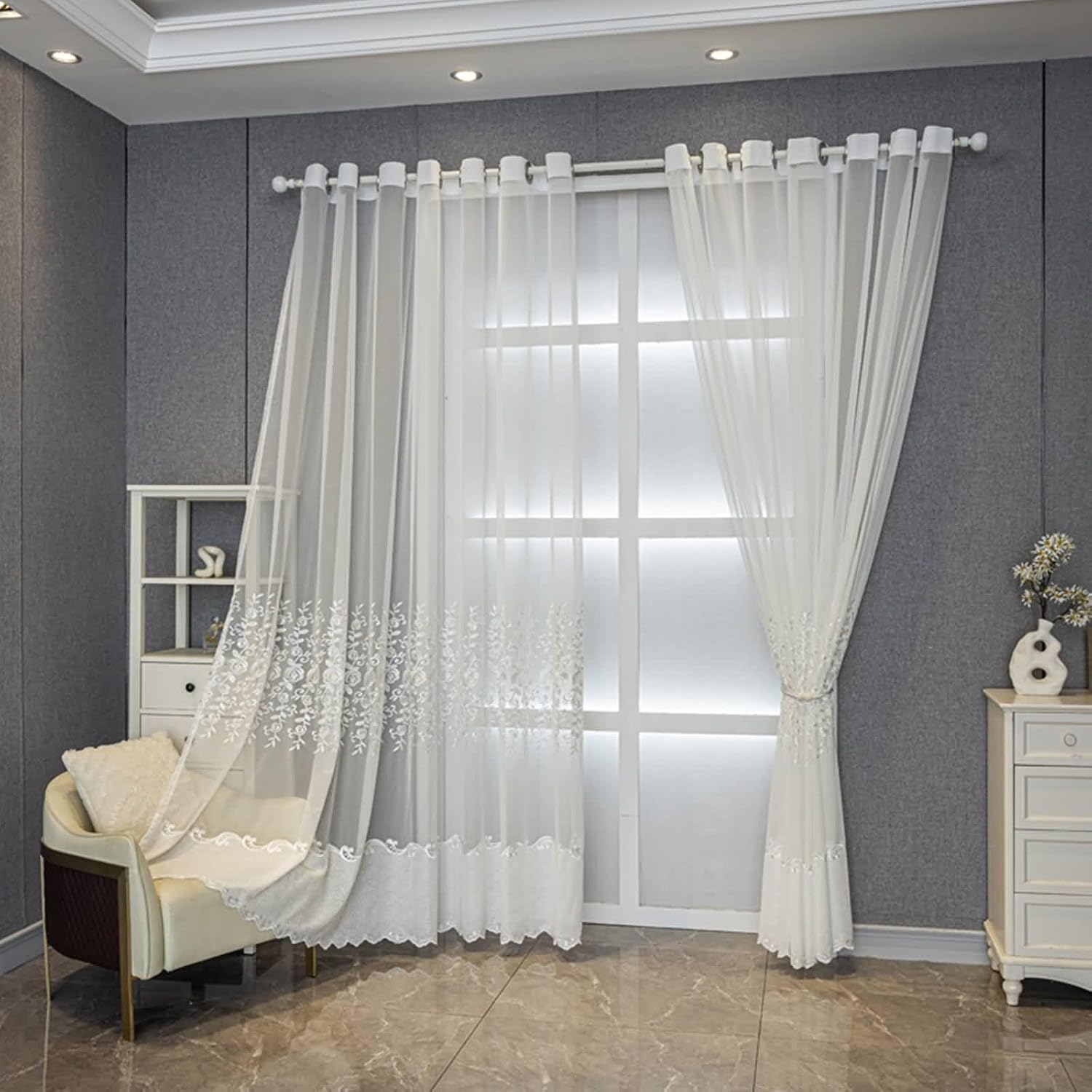 Daesar Bedroom Curtains 2 Panel Sets 96 Inch Length, Eyelet Tulle Curtains Embroidered Rose Flowers and Waves Pattern Voile Curtains for Living Room Kitcken Window Treatment, 40x96 Inch White