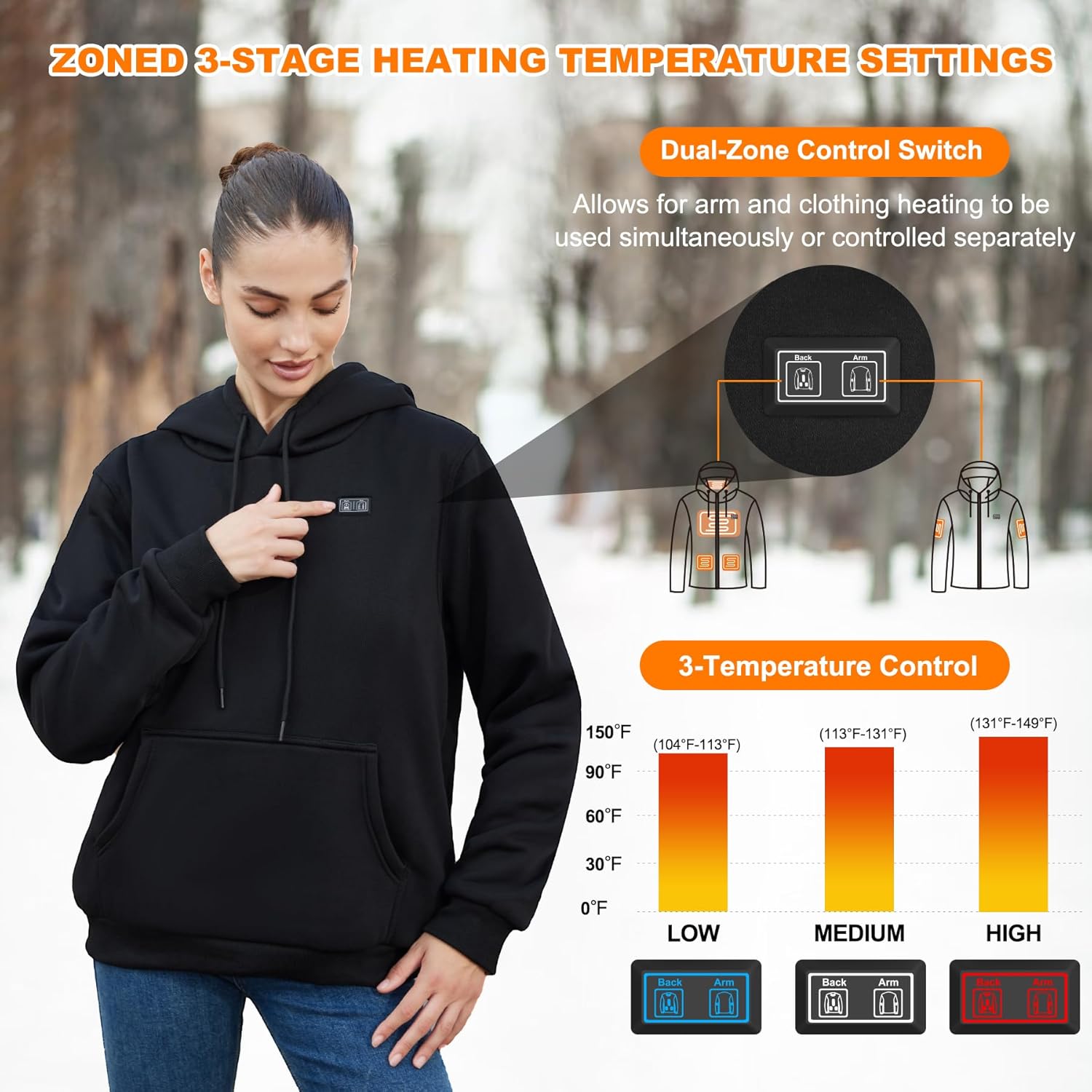 Heated Hoodie for Women Men with Fleece Lining 7.4V 16000mAh Battery Heated Pullover Hooded Heated Sweatshirt - Image 3