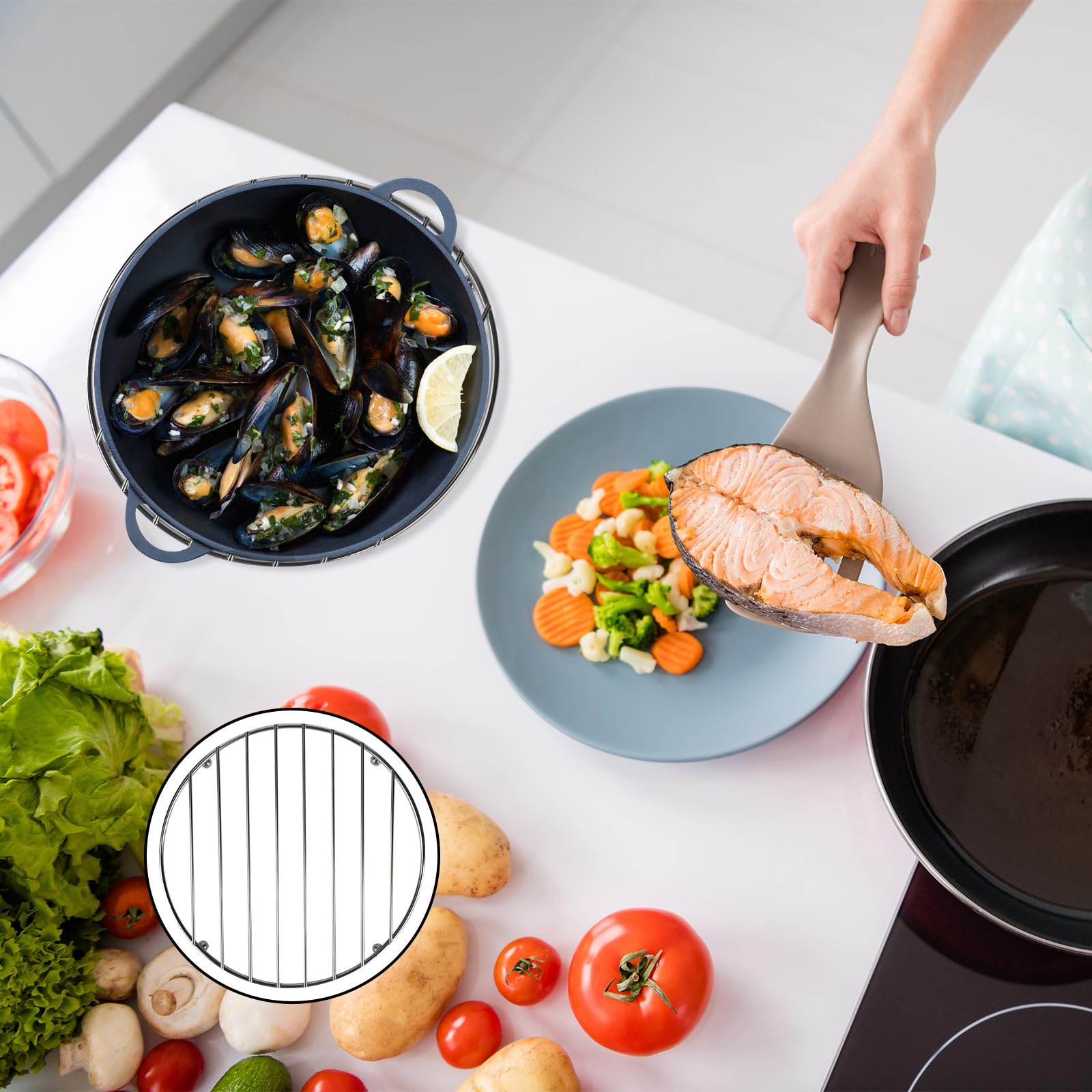 Sottopentole In Acciaio 2 Pezzi - Protezione Nera Per Piano Cucina | Anti-calore E Antiscivolo - Foto 5