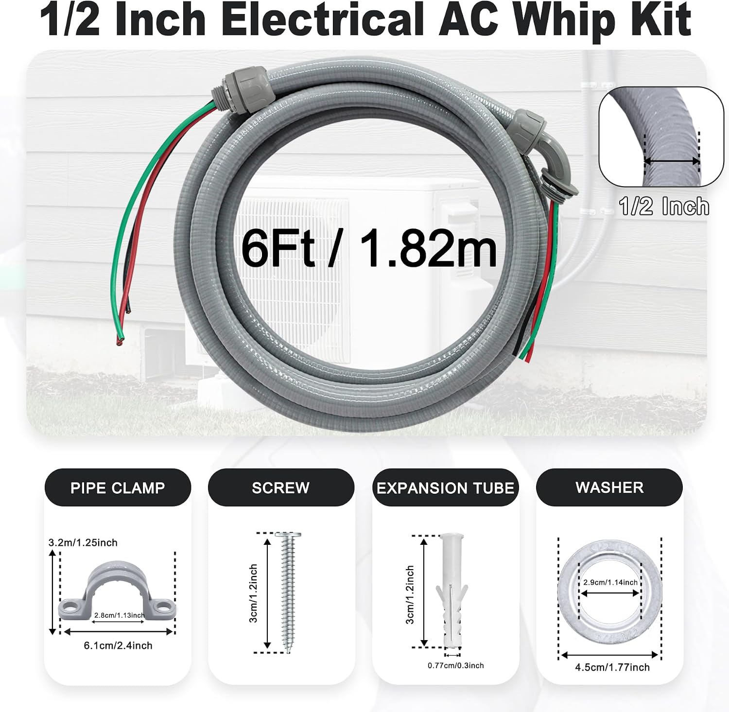6Ft AC Whip Kit - 1/2" Non-Metallic Liquid Tight Conduit with 10/3 Gauge Wire for Quick-Install Air Conditioner Hook-Up/Heat Pump Units
