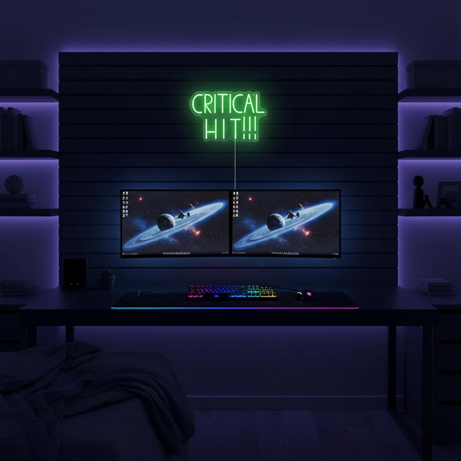 CRITICAL HIT LED Neon Sign 13.4" Dimmable Green Gaming Wall Decor Retro Video Game Damage Light for Gamer Room, Man Cave & Studio Setup Funny Gift for Gamers