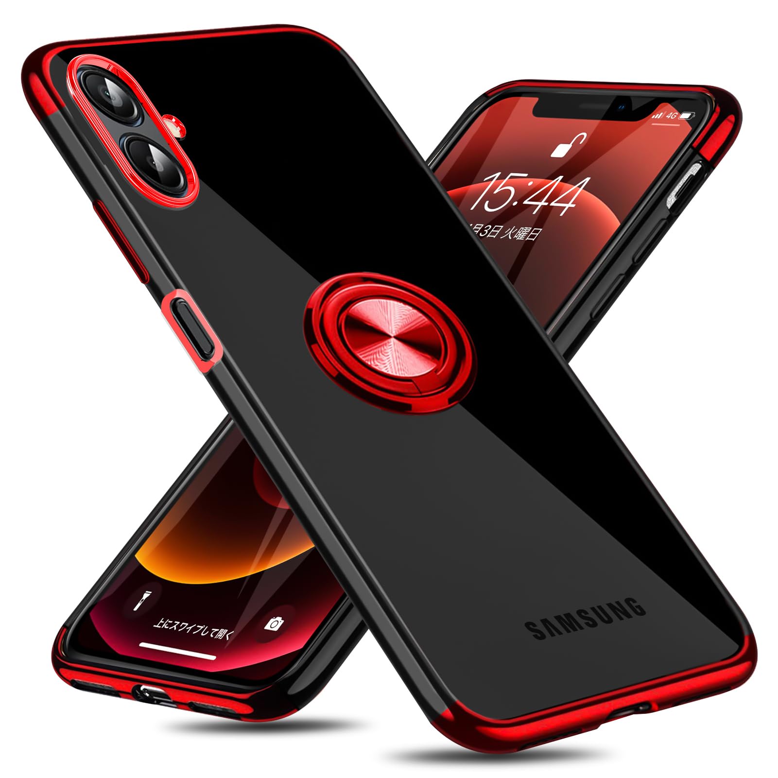Galaxy A25 5G 用 ケース リング付き クリア 耐衝撃 SC-53F SCG33 用 スタンド機能 透明 TPU 車載ホルダー対応 落下防止 防塵 薄型 軽量 一体型 変形防止 保護カバー ギャラクシーa25 用 ケース 赤 W-YXZH-82-02