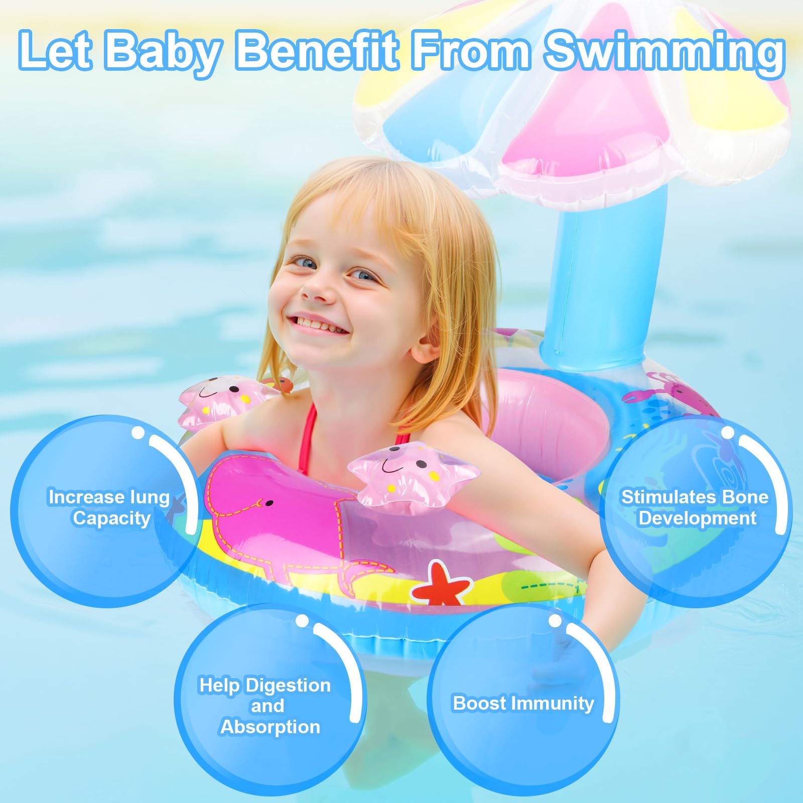 Blue Marine Animals Baby Swimming Ring, Inflatable Swimming Float PVC Safety Aid Seat Circle Swim Float Boat with Mushroom Sun Canopy Inflator for Age 6 Months to 3 Years Toddler Floating Training - Image 2