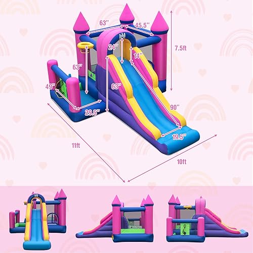 Miniatura 8 de HONEY JOY Casa inflable de rebote con soplador de 735 W, casa inflable de salto 7 en 1 para niños con tobogán, pared de escalada, pozo de bolas de