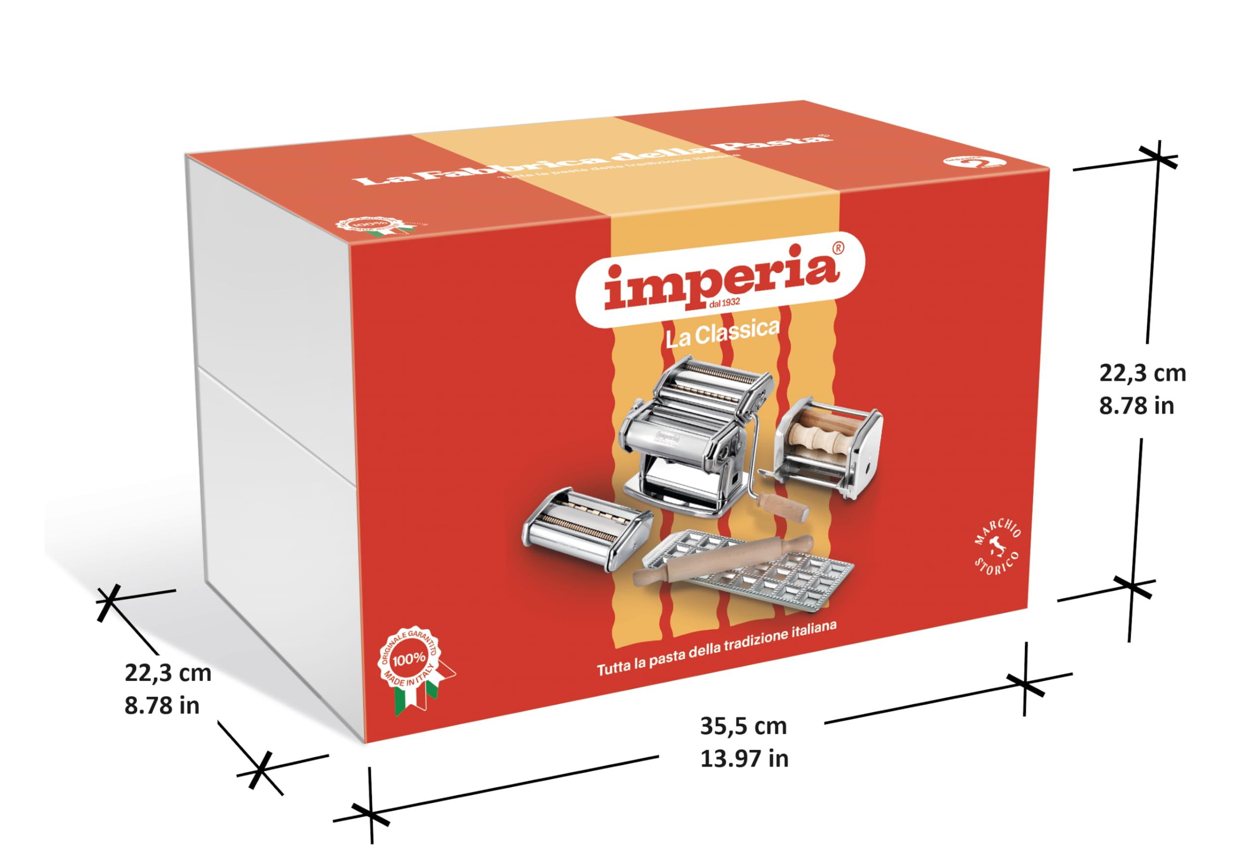 Imperia Fabbrica della Pasta Ligne Classique. Coffret cadeau. Machine à pâtes avec accessoires. Made in Italy. Kit composé: machine à pâtes fraîches, moule à raviolis, coupe-pâte, MilleGnocchi.