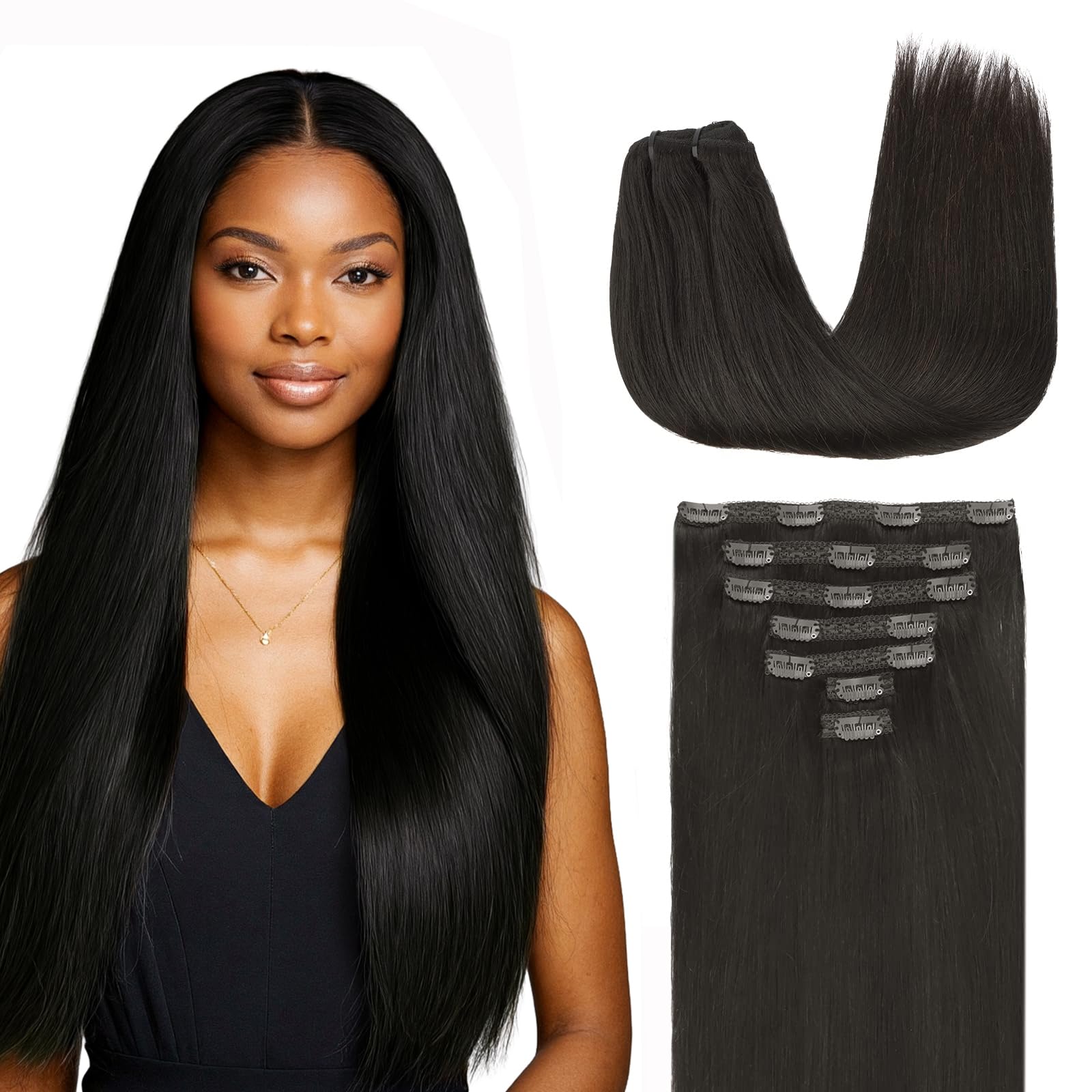Lashey Clip in Hair Extensions Real Human Hair, 16 Inch #1B Natural Black 7pcs 120g, Human Hair Clip in Extensions Thick Straight Hair for Women