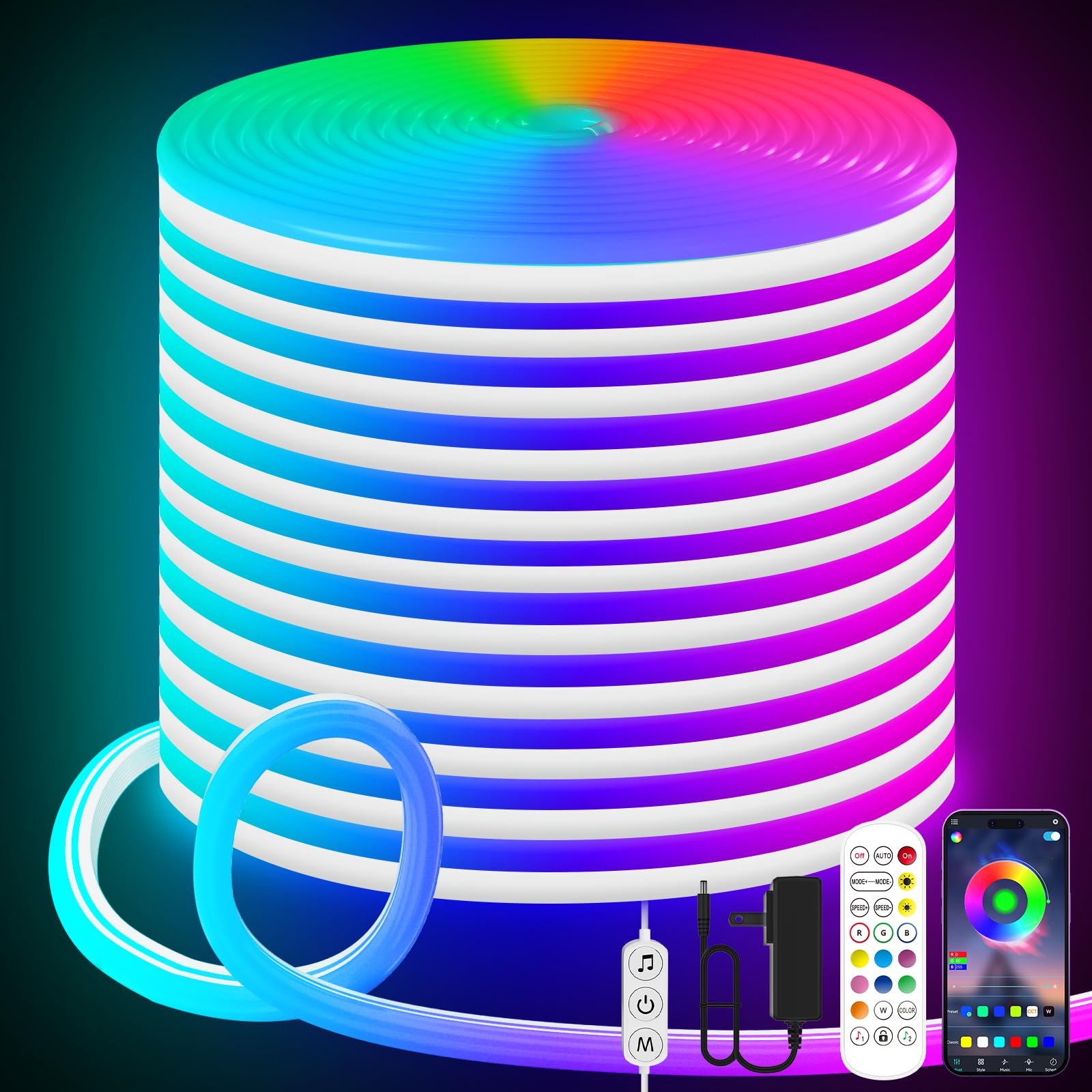 KANTUTOE LED Neon Rope Lights, 19.68ft RGB LED Light Strip, 24V Music Sync App/Remote Control DIY Rope Light, IP67 Waterproof Gaming Neon Strip Lights