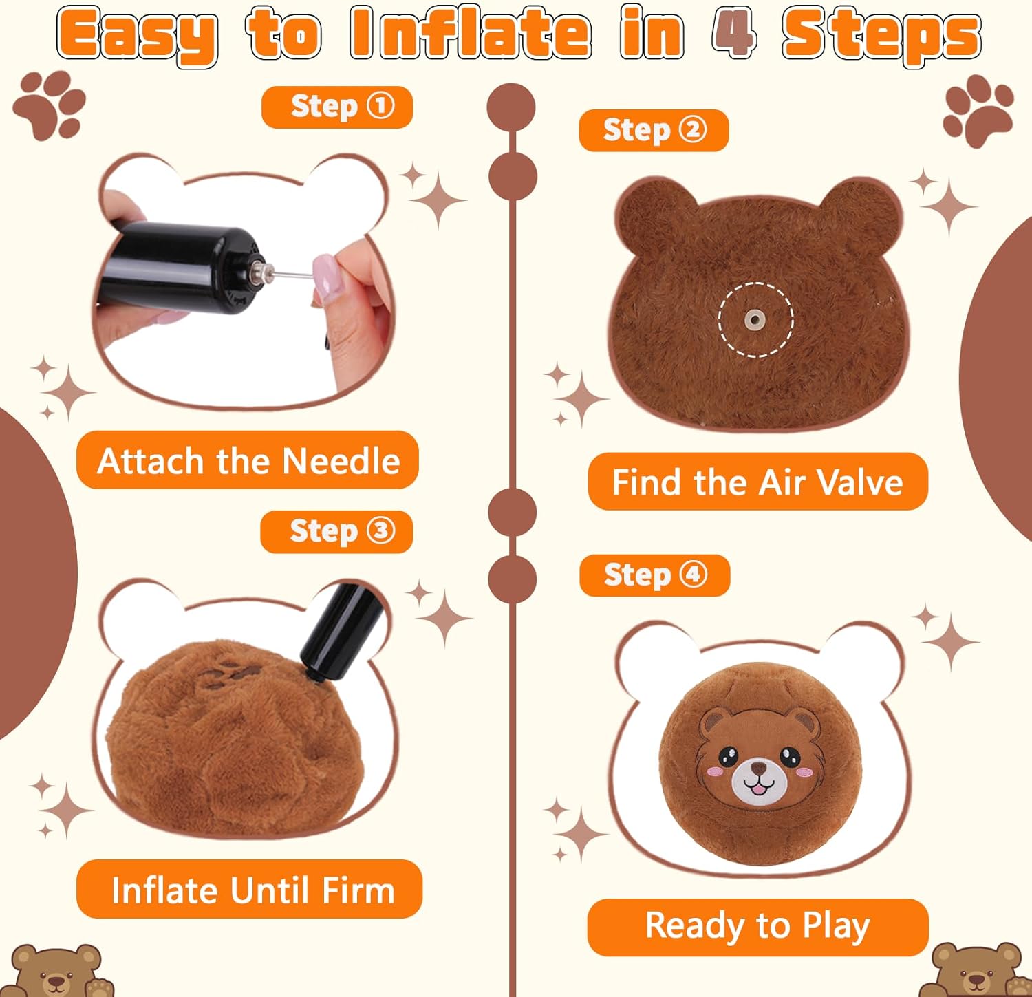 8-Inch Silent Soccer Ball Indoor for Toddlers - Soft Bear Inflatable Plush Soccer Ball Toy for Kids Frist Birthday Gift