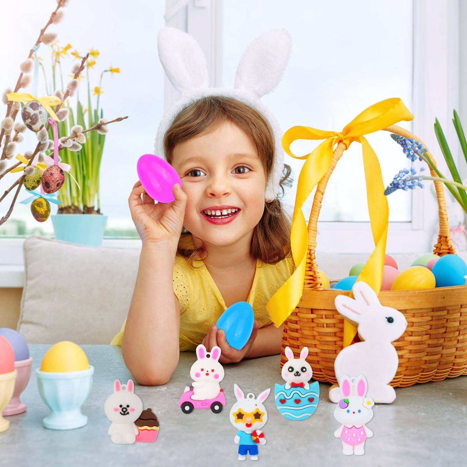 24 Pcs Easter Eggs Filled with Bunny Figurines Set，Prefilled Easter Egg Party Favors，Easter Bunny Figurines Basket Stuffers Fillers, Party Favors and Classroom Prize Supplies
