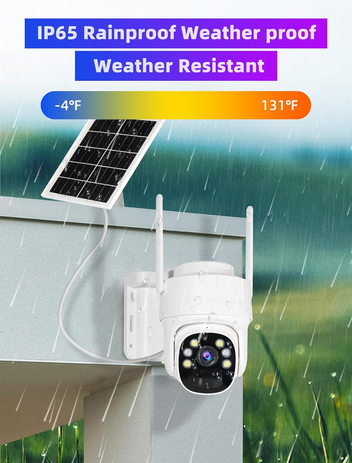 The SENTKENG 4G LTE Cellular Security Camera in a rainy environment, illustrating its IP65 weatherproof rating.