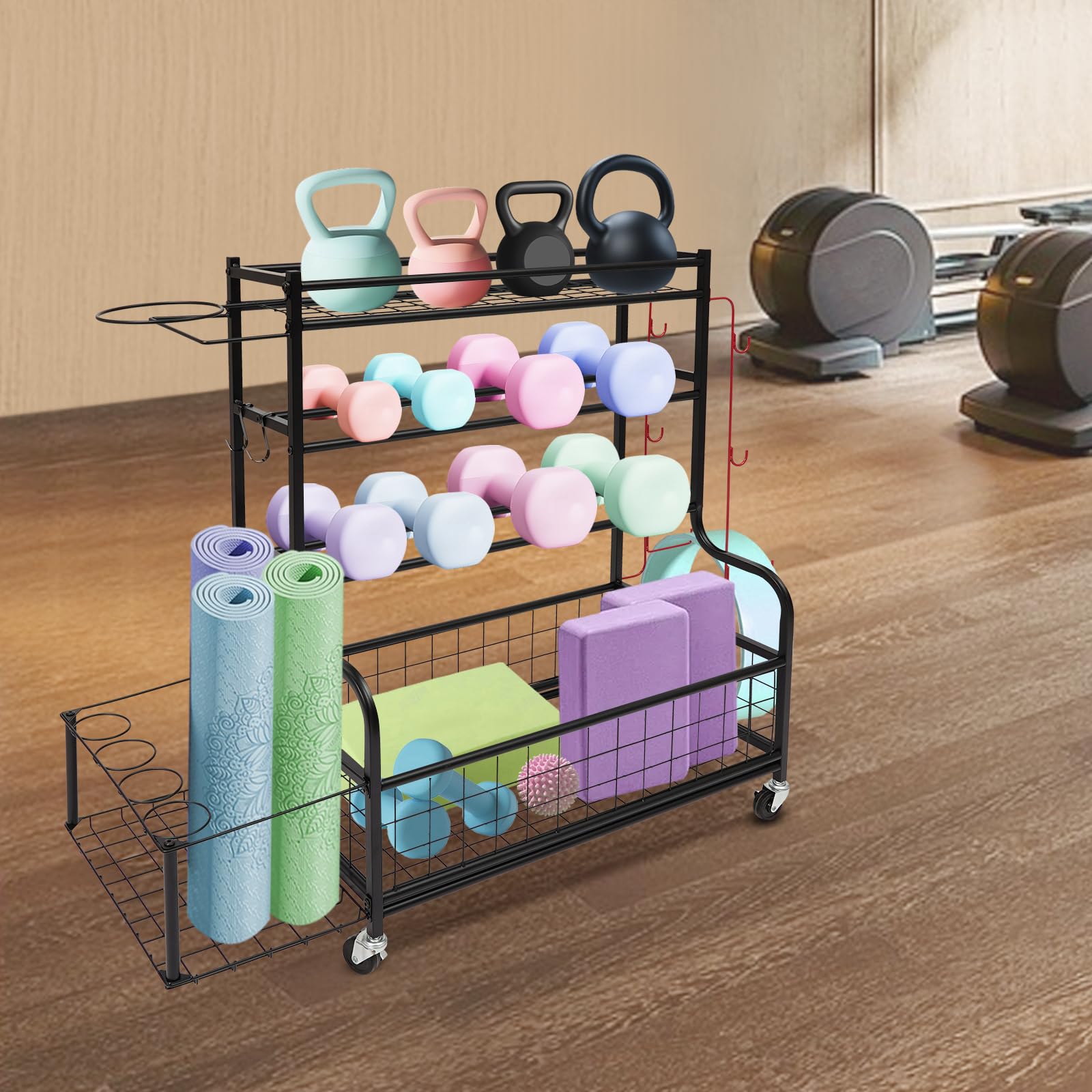 Tappetino da yoga per manubri, scaffale portaoggetti per palestra a casa, 102 x 40 x 93 cm, 4 ripiani, 160 kg, attrezzatura per fitness, supporto per manubri per kettlebell, blocco yoga, rullo in