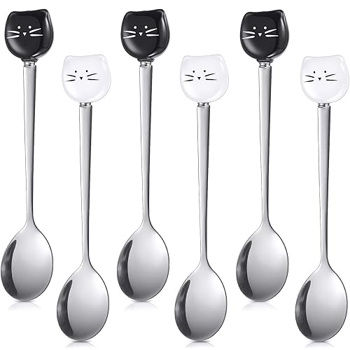 6 Pieces Cat Coffee Spoon Cute Stainless Steel Cat Head Spoon, Lovely Ice Cream Dessert Tool for Stirring Tea Coffee Sugar Dessert (Black, White)