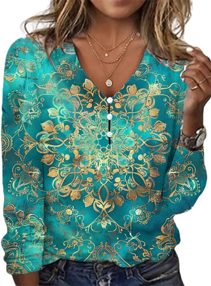 Womens Boho Floral Print Tops Dressy Slim Fit Vintage Womens Summer Tops V Neck Button Down Shirts for Women