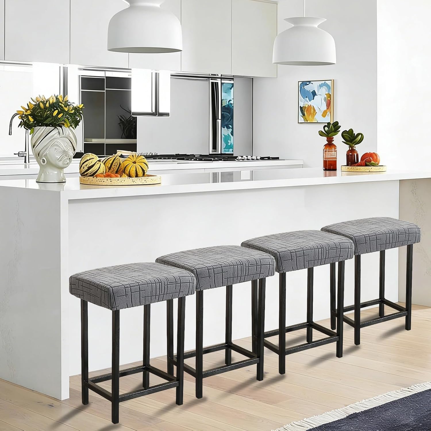 KRFOONN Stool Covers Rectangle 4 Pack Bar Stool Covers Stretch Chair Seat Slipcovers Washable Stools Cushion Covers Jacquard Saddle Seat Slipcover for Counter Height Bar Stools Kitchen, Dark Grey