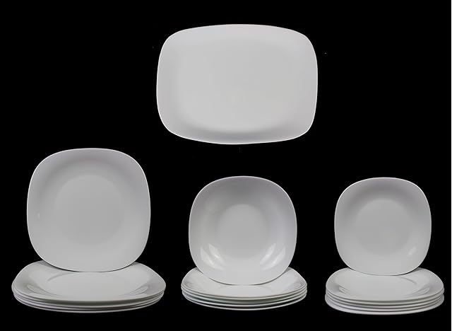 Soft Squared Parma Dinner Service Set in Brilliant White with 6X Dinner Plates, 6X Soup/Dessert Bowls, 6X Side Plates and 1x XL Serving Platter (19 Pieces)