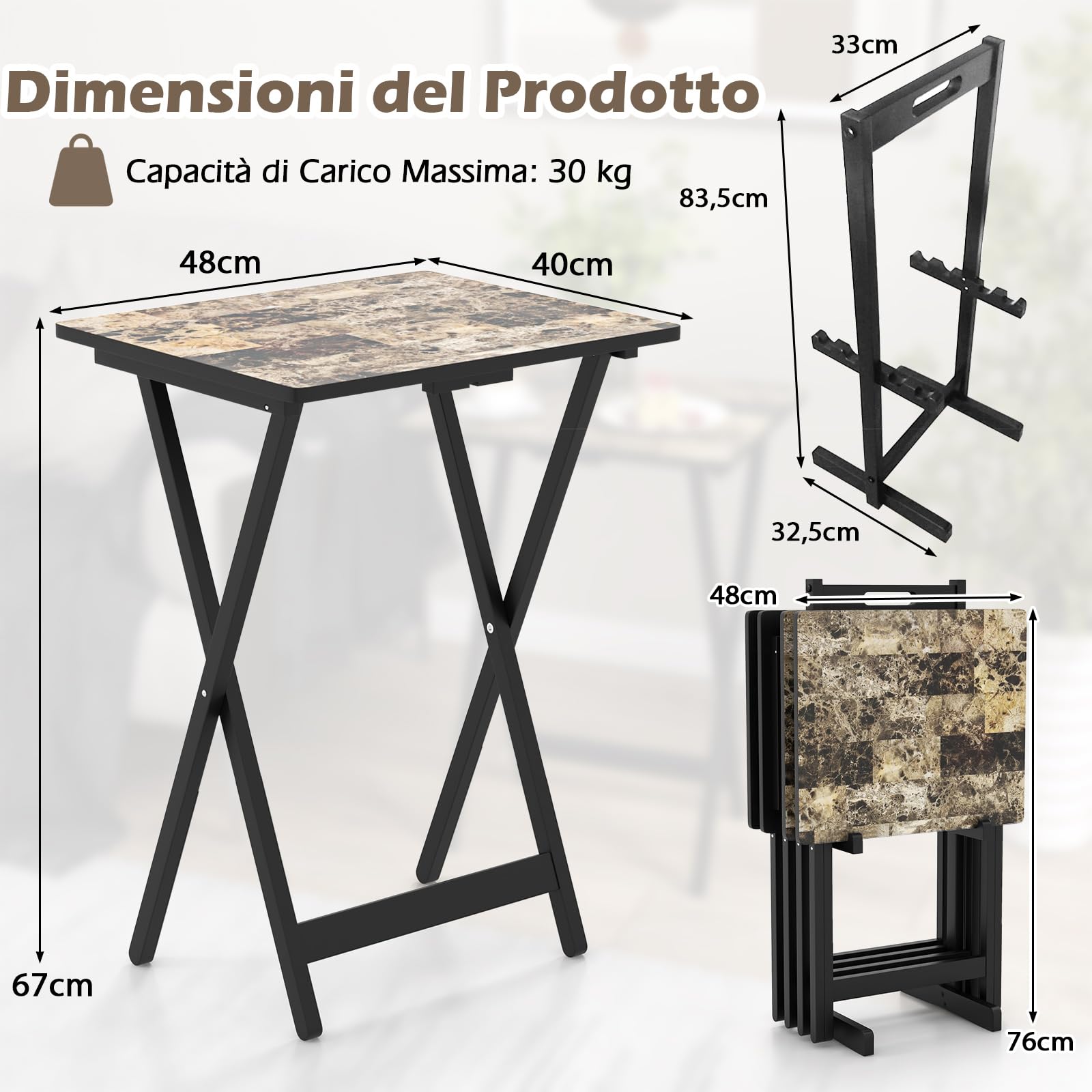 COSTWAY Set di 4 Tavolini Pieghevoli, Tavolio da Giardino in Legno, Maniglia per il Trasporto, Tavolino Laterale Portatile per Giardino Balcone Soggiorno, Portata 30 kg, 48 x 40 x 67 cm