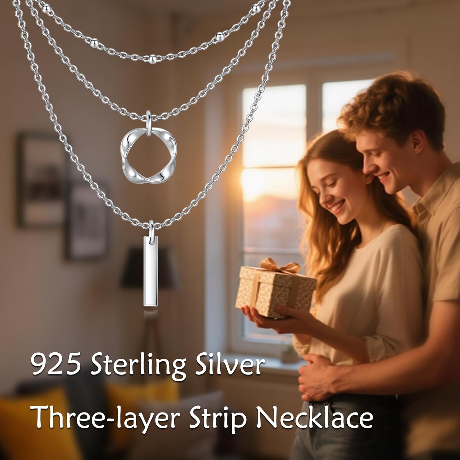 Layered Choker Necklaces 925 Sterling Silver Dainty Chain with Rectangle Circle Bar Pendant Fashion Jewelry for Women - Image 5