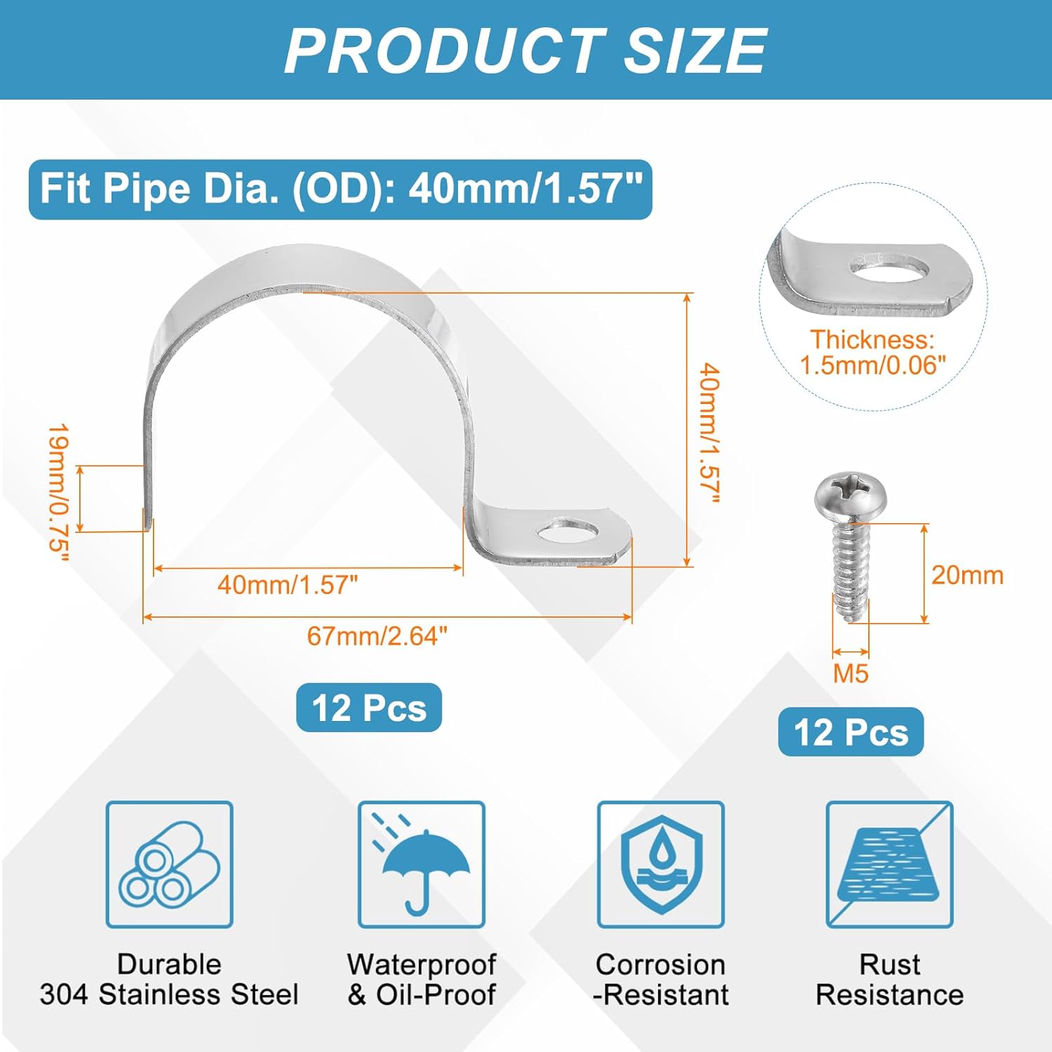 uxcell 12Pcs 40mm(1-9/16") One Hole Rigid Pipe Strap, 304 Stainless Steel Conduit Clamp Thicken U Bracket Heavy Duty Pipe Clamp with Self-Tapping Screws for Fixing Tube Cable, Silver