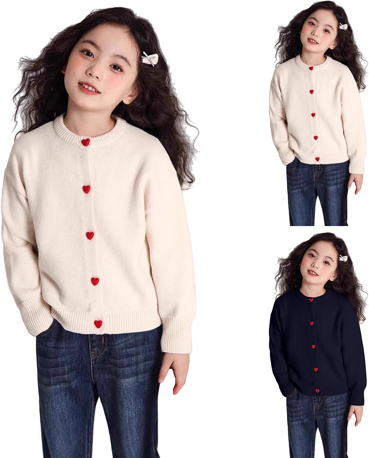 Girls' Love Heart Button Sweaters Cardigans Casual Open Front Long Sleeve Coats Knitted Basic Crewneck School Uniform