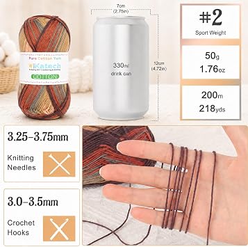 Katech 1OO% Variegated Cotton Yarn for Crocheting-2 Sport Weight Baby Yarns