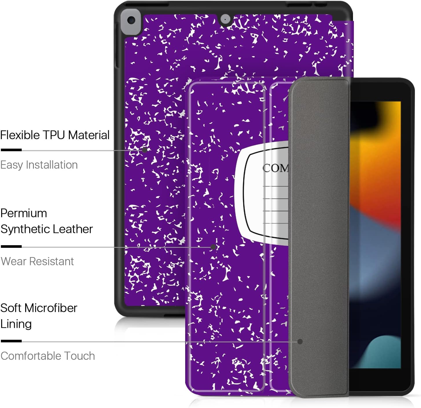 TNP Case for iPad 9th Gen 2021/iPad 8th 2020/iPad 7th 2019 Generation Protective Cover with Pencil Holder - 10.2 inch Slim Soft TPU Trifold Stand PU Leather Folio - Composition Book Purple - Image 6