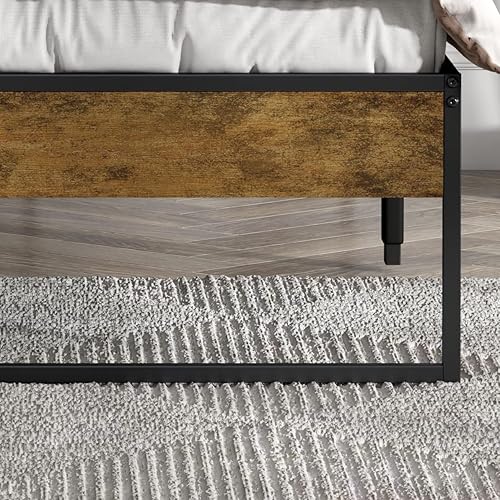 Miniatura 4 de Base de cama individual, plataforma de metal negro de 14 pulgadas con paneles de madera, base de colchón, marrón castaño, sin ruido, fácil montaje