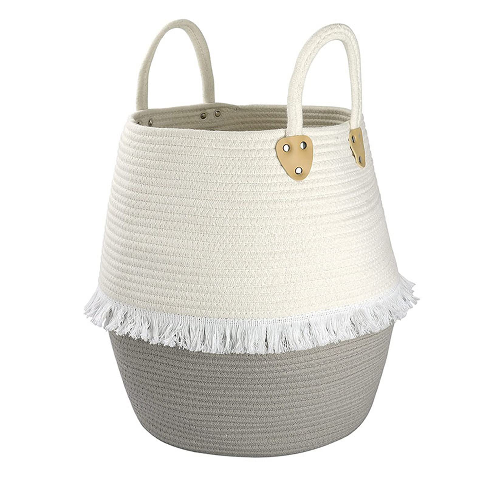 Keephen #1 Cotton Rope Braided Tassel Pot Belly Basket Toy Storage Blanket Basket Laundry Hamper,Storage Clothes Baskets With Handle Use (30Cm*40Cm*38Cm)