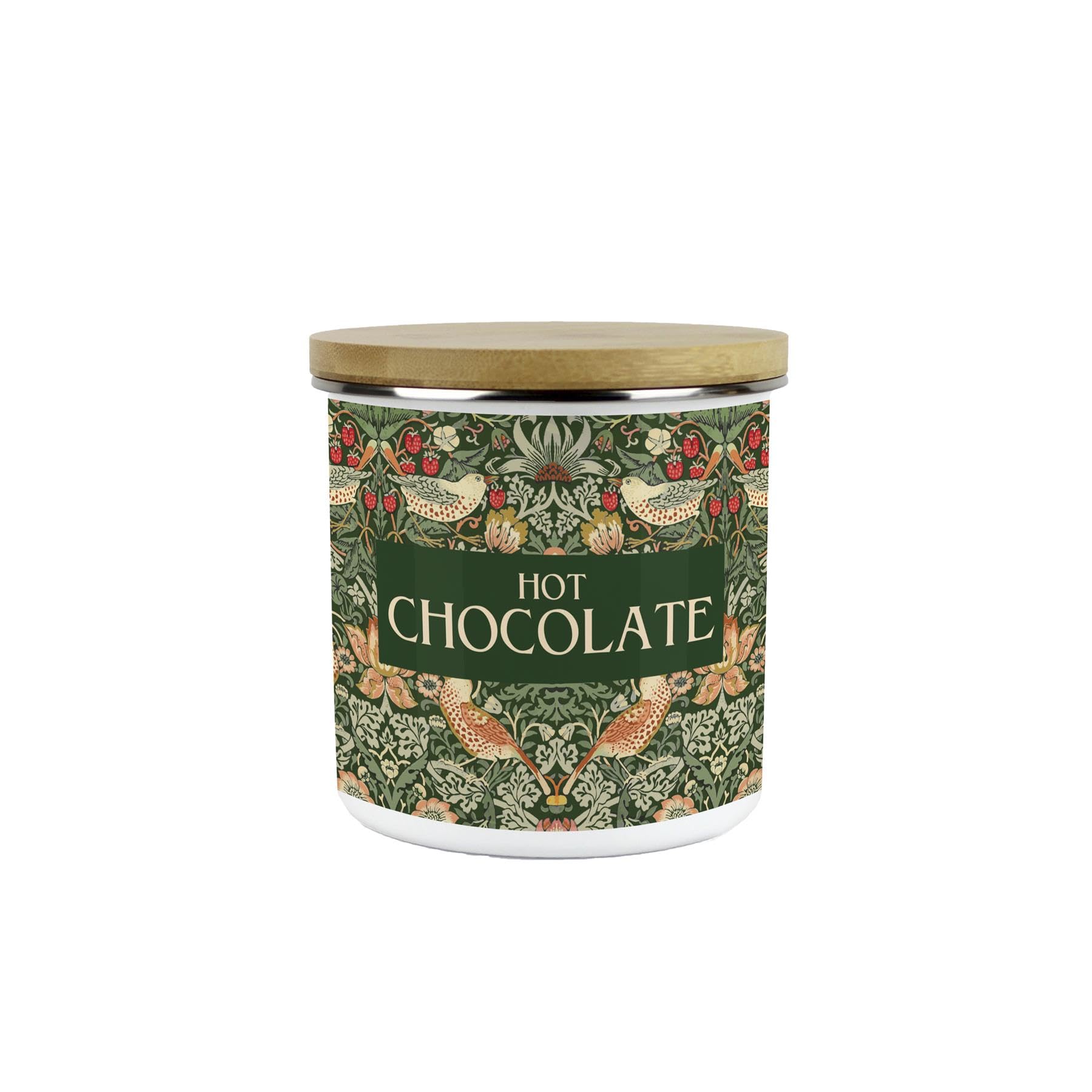 Purely Home Green Strawberry Thief Hot Chocolate Canister - Morris Inspired Floral Tapestry Artwork - 600ml Enamel Hot Drinks/Food Kitchen Medium Storage Container