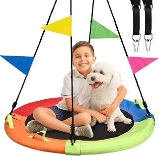 HeyZoo 40 Inch Saucer Tree Swing - 900lbs Capacity, Multicolor Disc with Adjustable Straps, Safe Backyard Fun for Kids & Family