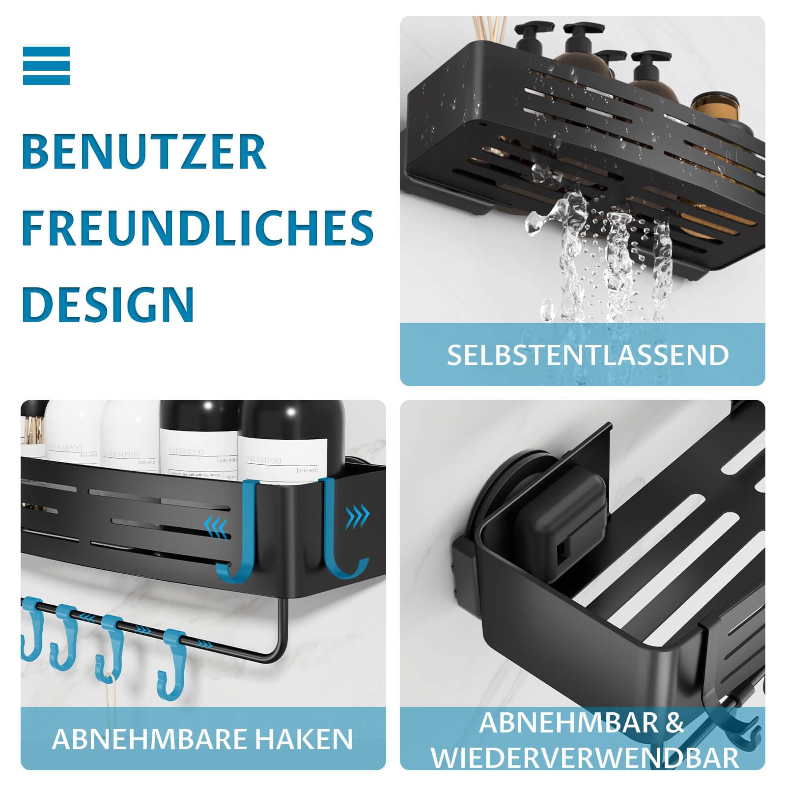2 Stück Duschregal Ohne Bohren mit Saugnapf, Wasserdicht Badregal Abnehmbarer Bad-Organizer mit Handtuchhalter für Shampoo und Duschgel, Eck-Duschablage mit Haken, Mattschwarz