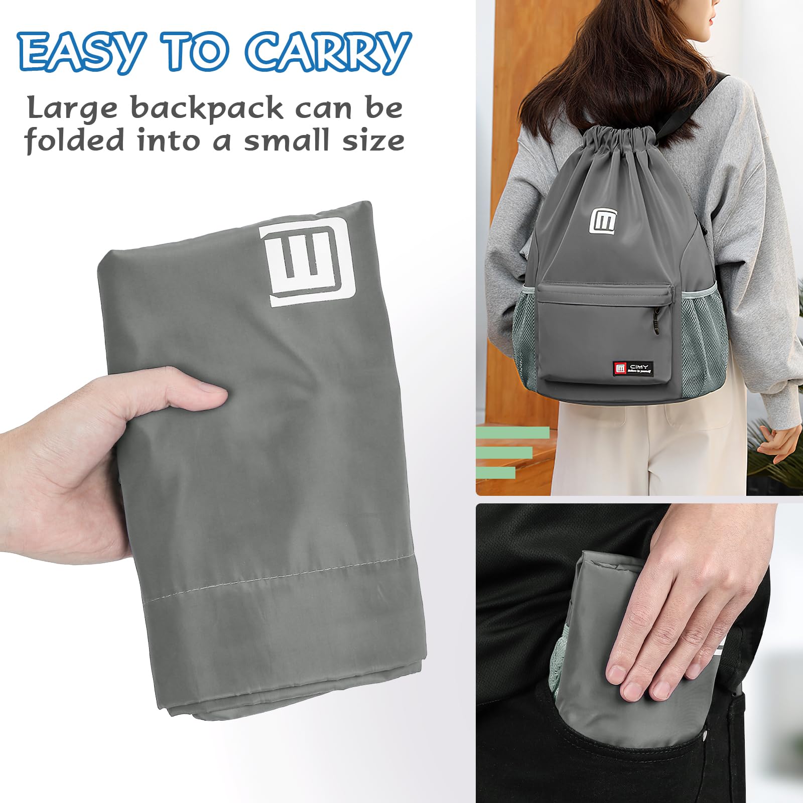 Tesmien Drawstring Bags,Waterproof Swimming Bags Unisex Sports Backpacks for Kids Adult Large Drawstring Sackpacks Bags for School Gym Sports Travel Swimming-Grey - Image 4