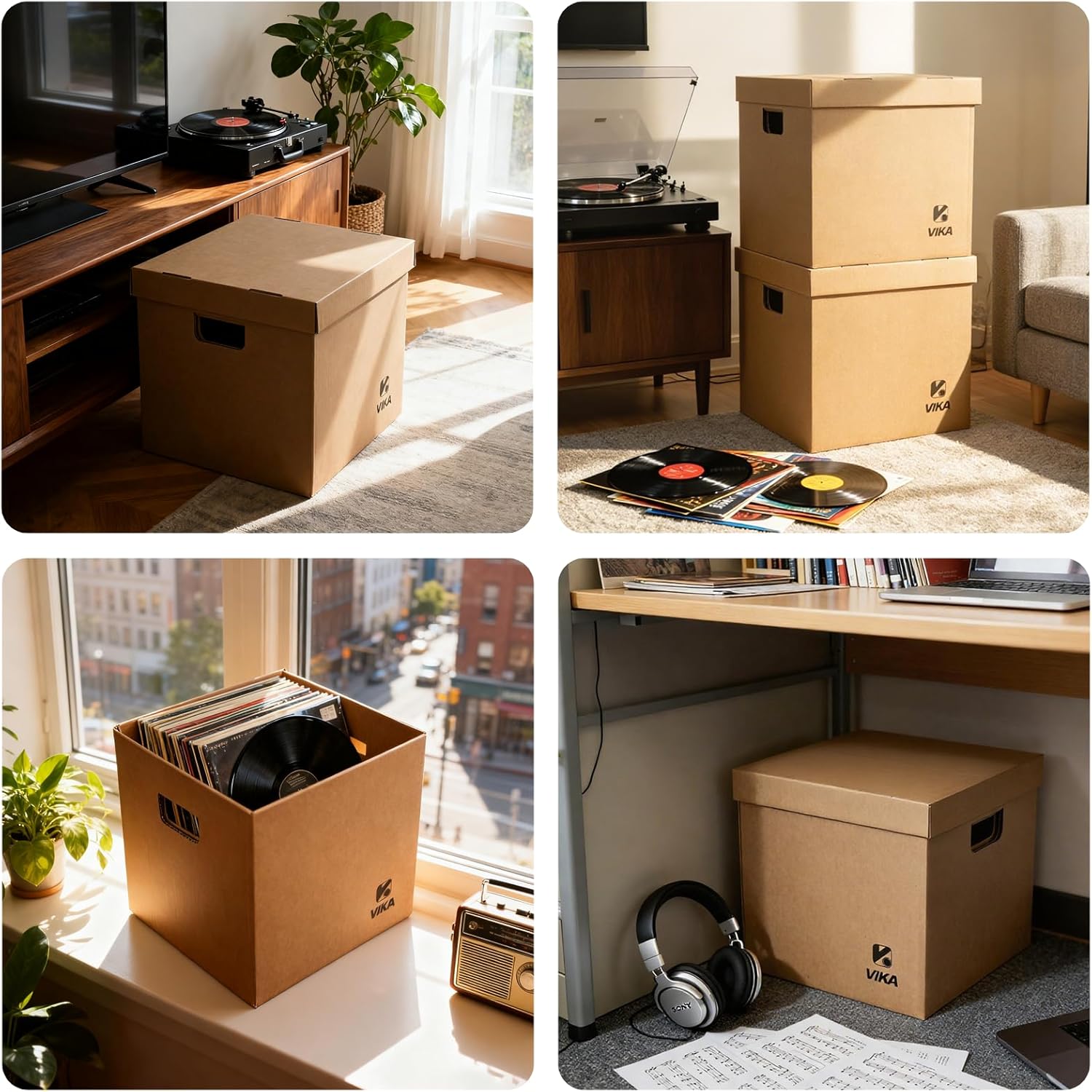 Vinyl Record Storage Box & Moving Box – Sturdy Cardboard with Removable Lids and Handles, Holds 60 Records/Laser Discs Each - Set of 4 Boxes (Kraft)