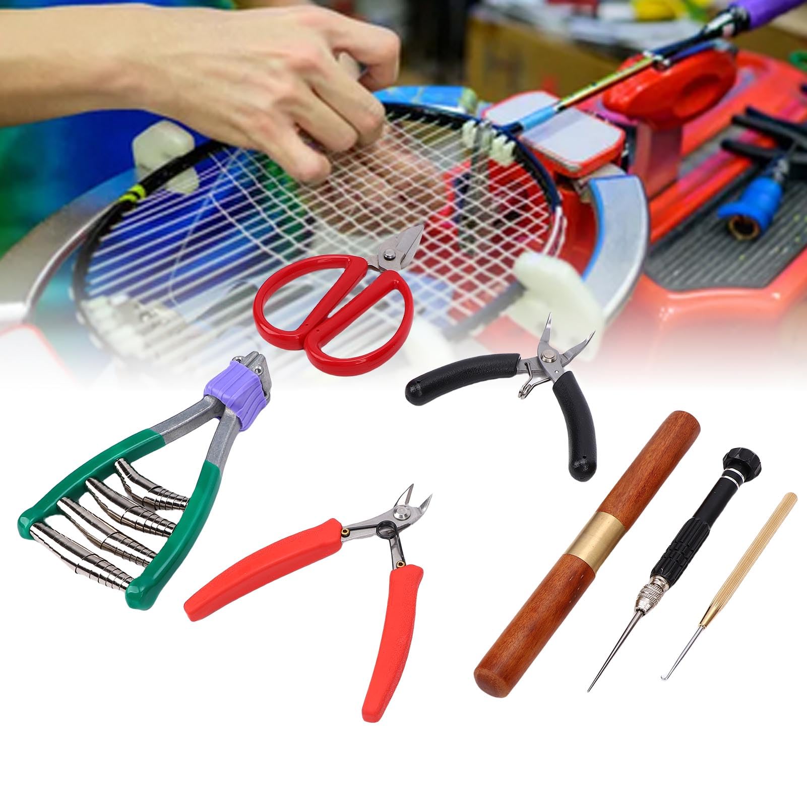 VGEBY Juego de Herramientas para Encordar Raquetas, Alicates de Punta Doblada, Alicates Diagonales, Gancho de Roscado, Abrazadera para Encordar Bádminton, Kit de Herramientas para
