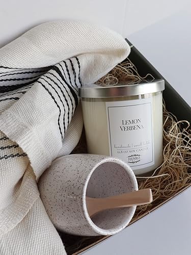 HANDMADE GIFT SET Candle, Hand Towel, Condiment Jar Salt holder, counter decor, hostess, birthday, new home gift (Lemon Verbena)