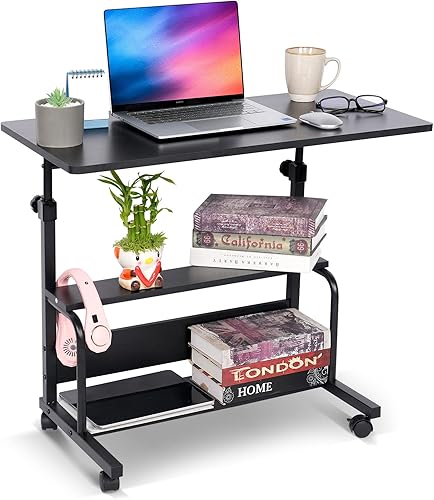 Miniatura 1 de Escritorio portátil pequeño para espacios pequeños, mesa de laptop, escritorio negro con ruedas ajustable, escritorio para dormitorio, oficina en