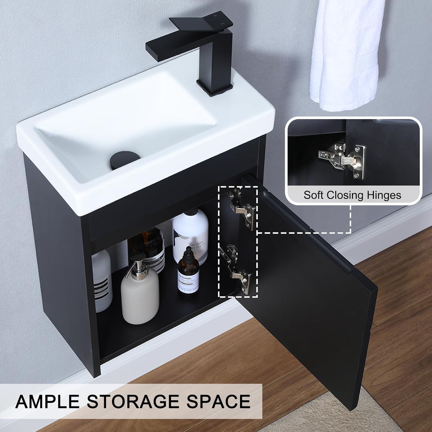 Floating Narrow Bathroom Cabinet Set with Basin Sink, 16" Small Bathroom Vanity Sink Combo for Small Space, Black Wall Mounted Modern Vanity Featuring Single Door